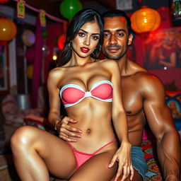 A full-length, intimate photoshoot of a stunning 24-year-old Arab woman in a captivating short strapless bikini that highlights her alluring features