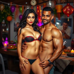 A full-length, intimate photoshoot of a stunning 24-year-old Arab woman in a captivating short strapless bikini that highlights her alluring features