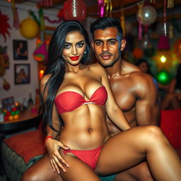 A full-length, intimate photoshoot of a stunning 24-year-old Arab woman in a captivating short strapless bikini that highlights her alluring features