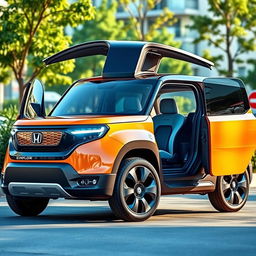 A futuristic 2026 Honda Element with a stylish 4-door design, showcasing its signature boxy silhouette enhanced with modern features
