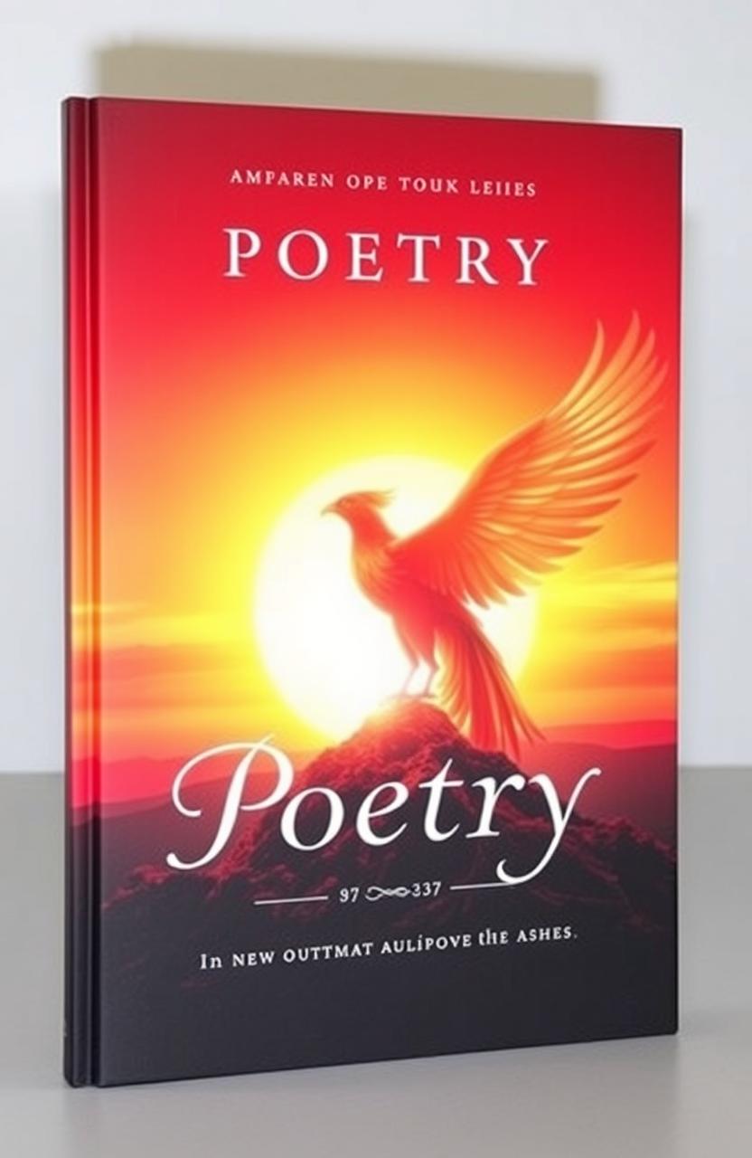 A captivating poetry book cover that symbolizes a story of resilience and hope, featuring a majestic phoenix rising from the ashes against a vibrant sunrise backdrop