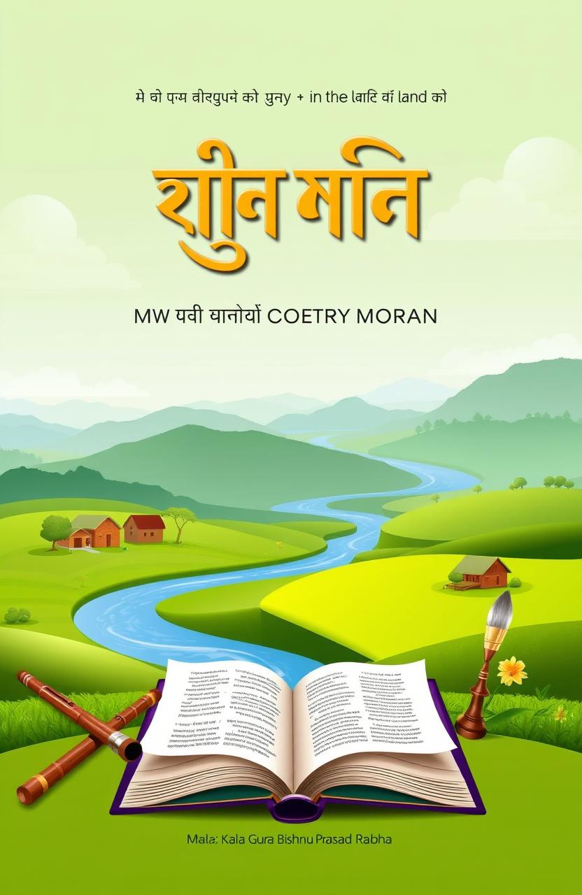 A beautiful book cover design for a poetry anthology titled 'ৰাভাৰ দেশত' (In the Land of Rava), dedicated to the works of Kala Guru Bishnu Prasad Rabha