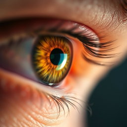 A close-up of a human eye with intricate details, featuring a slight reddish tint in the sclera and radiating vibrant colors in the iris, showcasing the natural textures and reflections in the eye