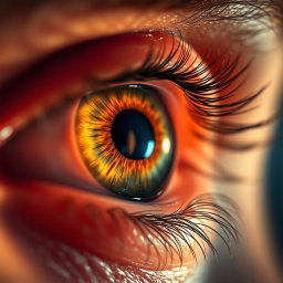A close-up of a human eye with intricate details, featuring a slight reddish tint in the sclera and radiating vibrant colors in the iris, showcasing the natural textures and reflections in the eye