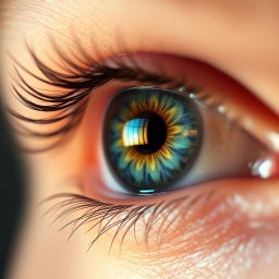A close-up of a human eye with intricate details, featuring a slight reddish tint in the sclera and radiating vibrant colors in the iris, showcasing the natural textures and reflections in the eye