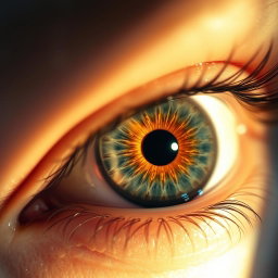 A close-up of a human eye with intricate details, featuring a slight reddish tint in the sclera and radiating vibrant colors in the iris, showcasing the natural textures and reflections in the eye