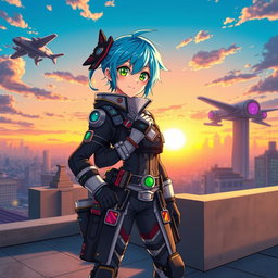 A vibrant and dynamic anime character with bright blue hair and striking green eyes, wearing a detailed futuristic outfit with various gadgets