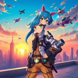 A vibrant and dynamic anime character with bright blue hair and striking green eyes, wearing a detailed futuristic outfit with various gadgets