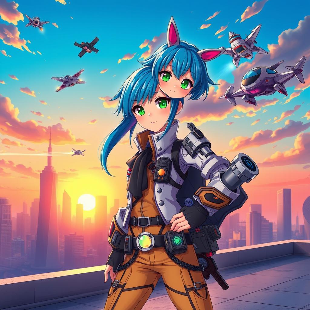 A vibrant and dynamic anime character with bright blue hair and striking green eyes, wearing a detailed futuristic outfit with various gadgets