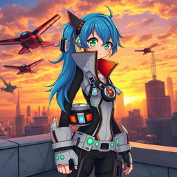 A vibrant and dynamic anime character with bright blue hair and striking green eyes, wearing a detailed futuristic outfit with various gadgets