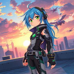 A vibrant and dynamic anime character with bright blue hair and striking green eyes, wearing a detailed futuristic outfit with various gadgets