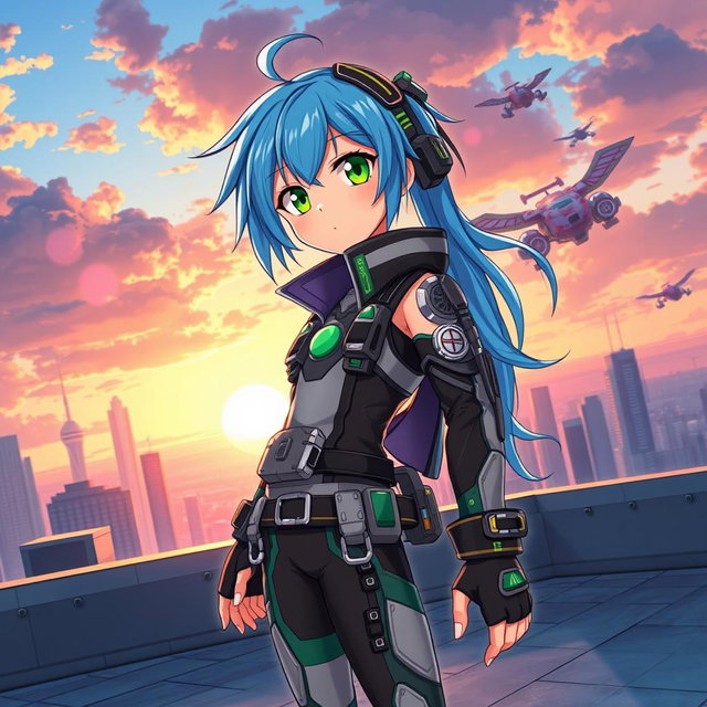 A vibrant and dynamic anime character with bright blue hair and striking green eyes, wearing a detailed futuristic outfit with various gadgets