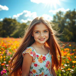 A portrait of a girl with long flowing brown hair, wearing a stylish floral summer dress, standing in a colorful flower field with sunlight filtering through the trees
