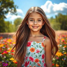 A portrait of a girl with long flowing brown hair, wearing a stylish floral summer dress, standing in a colorful flower field with sunlight filtering through the trees