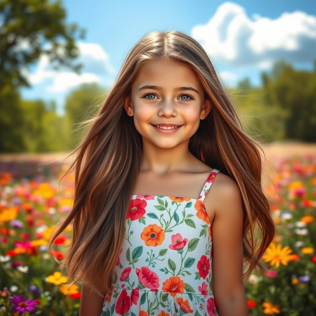 A portrait of a girl with long flowing brown hair, wearing a stylish floral summer dress, standing in a colorful flower field with sunlight filtering through the trees