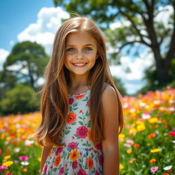 A portrait of a girl with long flowing brown hair, wearing a stylish floral summer dress, standing in a colorful flower field with sunlight filtering through the trees