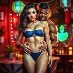 A full-length intimate and steamy photoshoot featuring a gorgeous 24-year-old Arab woman in a striking short strapless bikini
