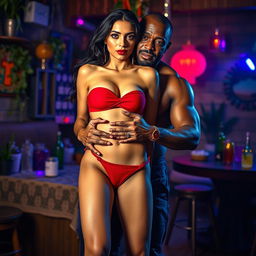 A full-length intimate and steamy photoshoot featuring a gorgeous 24-year-old Arab woman in a striking short strapless bikini