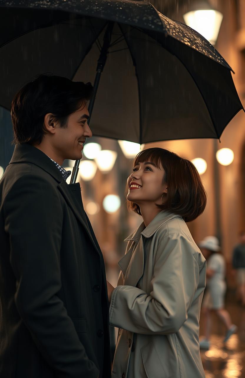 A woman with short brown hair and bangs, wearing a stylish raincoat, stands next to a tall man with dark, wavy hair, holding a large umbrella