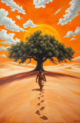 An oil painting showcasing a large, robust tree prominently positioned amid an arid sandy landscape featuring rolling sand dunes