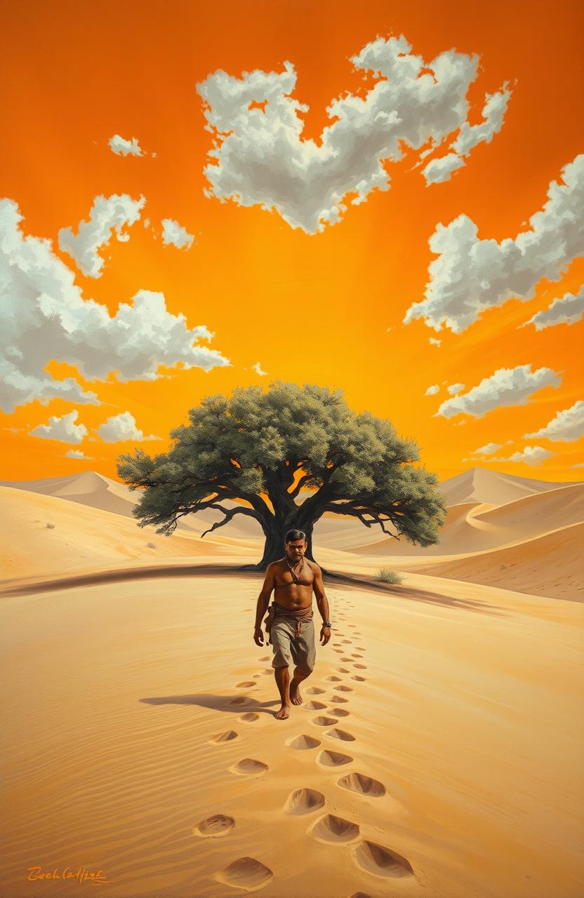 An oil painting showcasing a large, robust tree prominently positioned amid an arid sandy landscape featuring rolling sand dunes