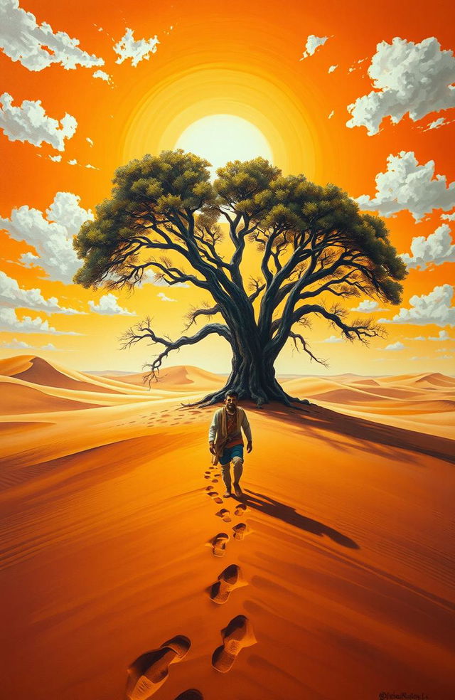 An oil painting showcasing a large, robust tree prominently positioned amid an arid sandy landscape featuring rolling sand dunes