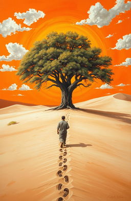 An oil painting depicting a large, robust tree amidst arid sandy terrain with sand dunes, set against a brilliant orange sky illuminated by scattered white clouds