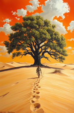 An oil painting depicting a large, robust tree amidst arid sandy terrain with sand dunes, set against a brilliant orange sky illuminated by scattered white clouds