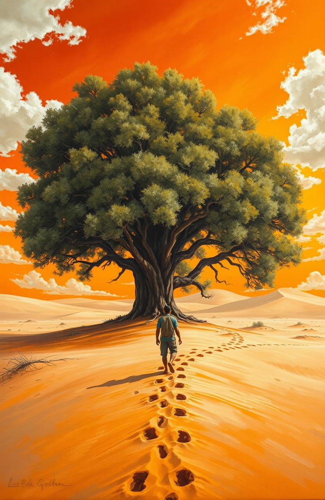 An oil painting depicting a large, robust tree amidst arid sandy terrain with sand dunes, set against a brilliant orange sky illuminated by scattered white clouds