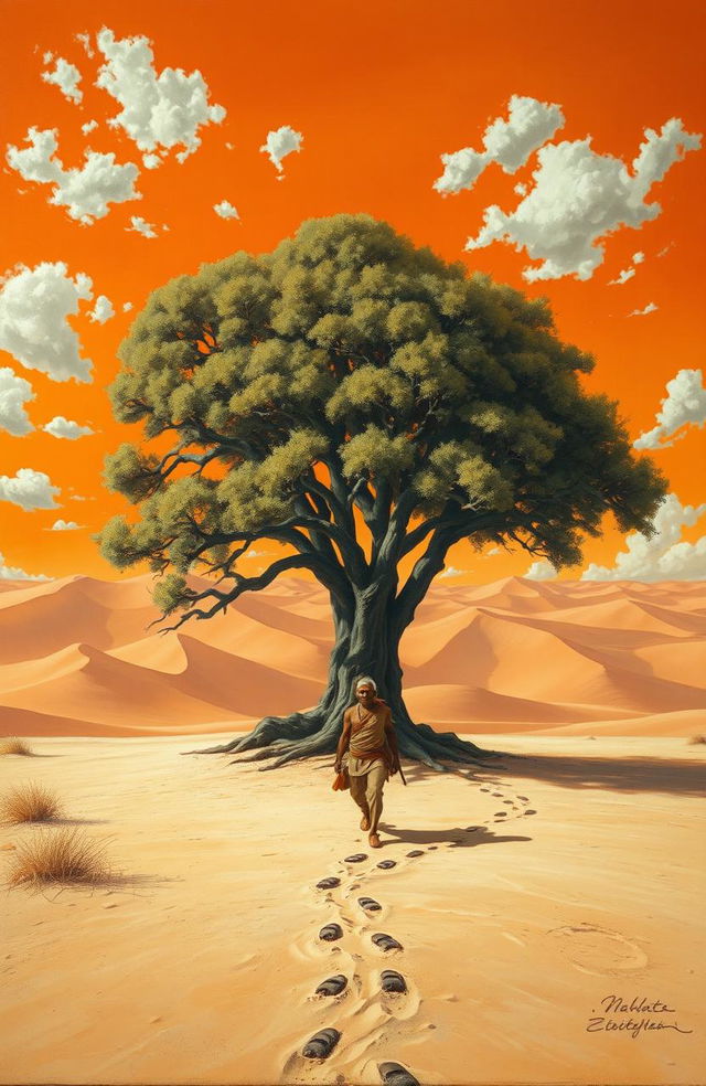 An oil painting showcasing a large, robust tree in the center of an arid landscape with sandy terrain