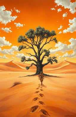 An oil painting showcasing a large, robust tree in the center of an arid landscape with sandy terrain