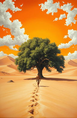 An oil painting showcasing a large, robust tree in the center of an arid landscape with sandy terrain