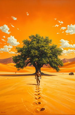 An oil painting showcasing a large, robust tree in the center of an arid landscape with sandy terrain