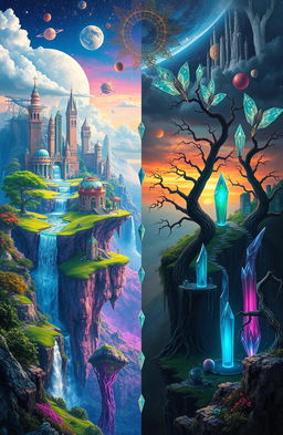 A surreal landscape depicting parallel dimensions intersecting with each other