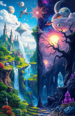 A surreal landscape depicting parallel dimensions intersecting with each other