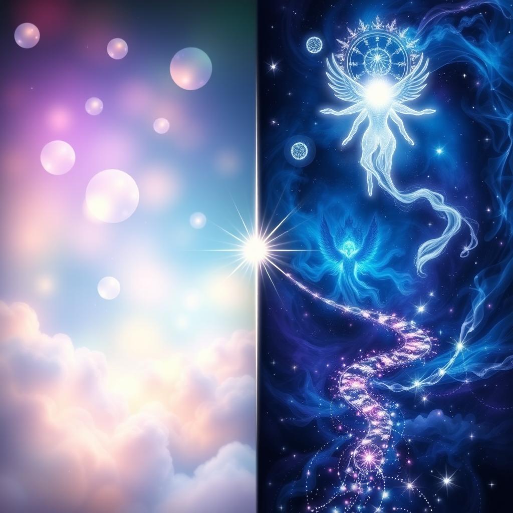 A mystical representation of spiritual parallel dimensions, showcasing ethereal realms each with its own unique atmosphere