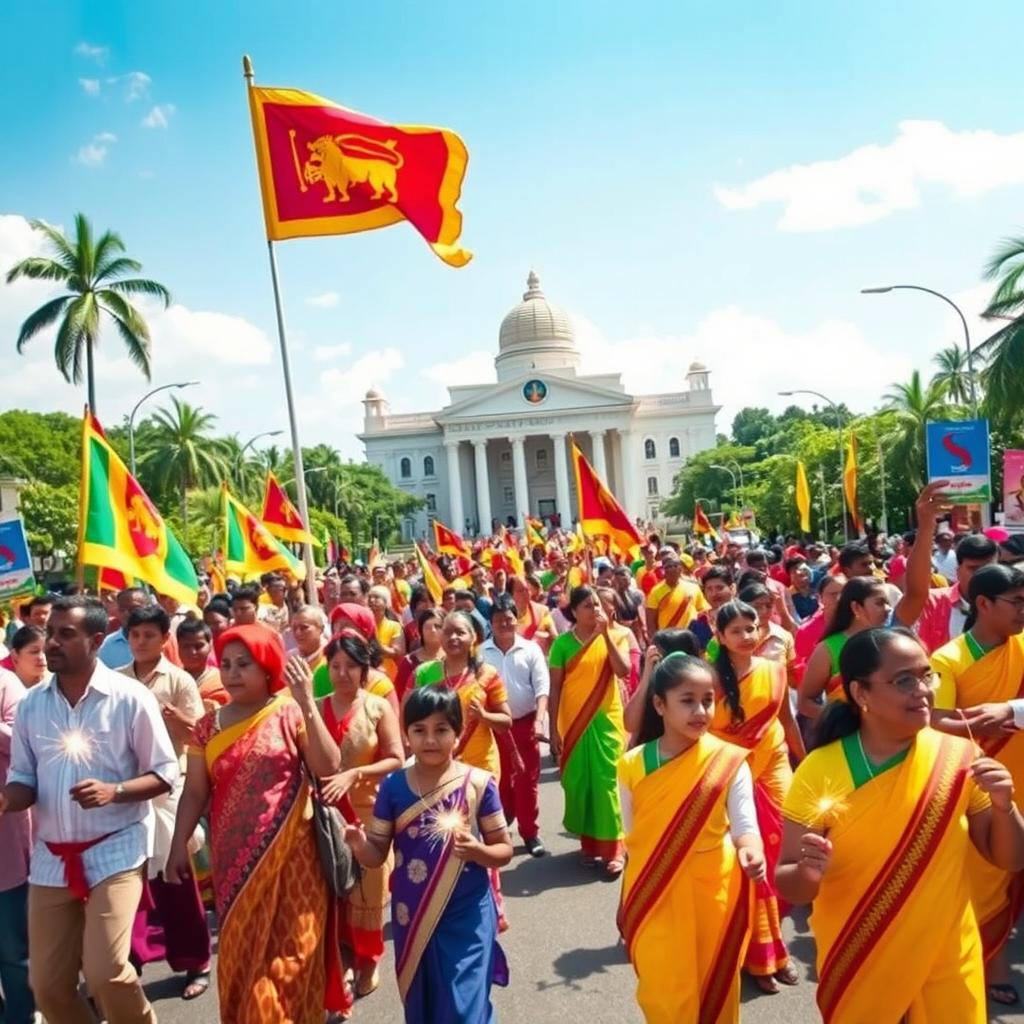 A vibrant celebration of Sri Lanka's Independence Day, showcasing a lively street parade filled with people dressed in traditional Sri Lankan attire, waving the national flag, adorned with colorful decorations, and performing traditional dances