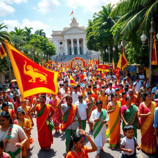 A vibrant celebration of Sri Lanka's Independence Day, showcasing a lively street parade filled with people dressed in traditional Sri Lankan attire, waving the national flag, adorned with colorful decorations, and performing traditional dances