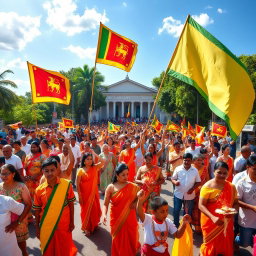 A vibrant celebration of Sri Lanka's Independence Day, showcasing a lively street parade filled with people dressed in traditional Sri Lankan attire, waving the national flag, adorned with colorful decorations, and performing traditional dances