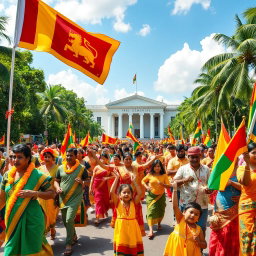 A vibrant celebration of Sri Lanka's Independence Day, showcasing a lively street parade filled with people dressed in traditional Sri Lankan attire, waving the national flag, adorned with colorful decorations, and performing traditional dances