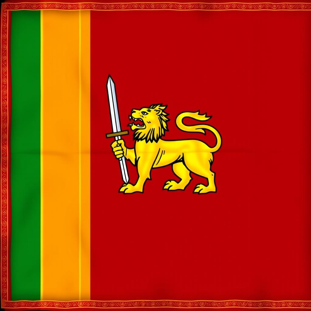 A detailed depiction of the Sri Lankan national flag, featuring a golden lion holding a sword in the center, surrounded by a maroon background with a green vertical stripe on the left and an orange vertical stripe on the right