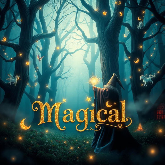 A captivating and enchanting book cover for a magical story, featuring a mystical forest illuminated by soft, glowing lights