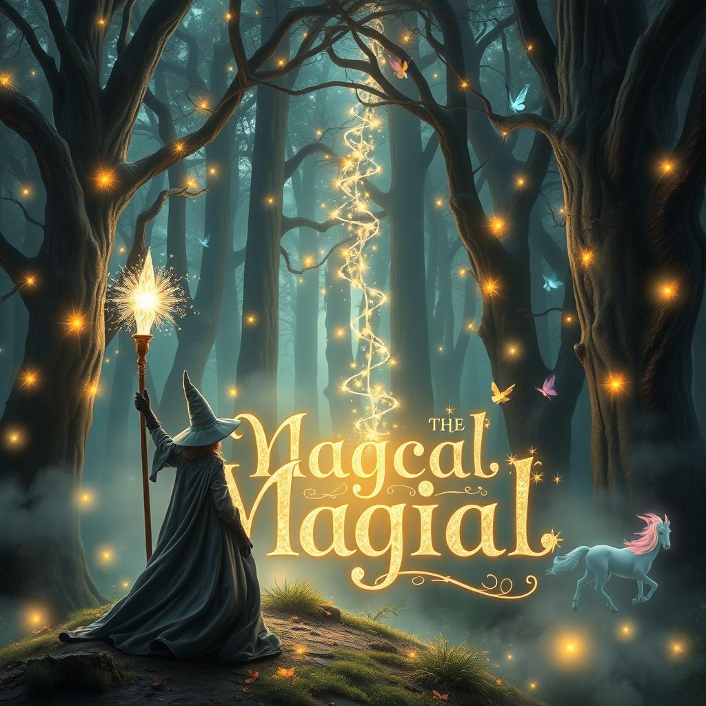 A captivating and enchanting book cover for a magical story, featuring a mystical forest illuminated by soft, glowing lights