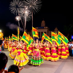 A vibrant celebration of Sri Lanka's Independence Day, showcasing a colorful parade with traditional dancers in elaborate costumes, holding Sri Lankan flags