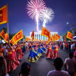 A vibrant celebration of Sri Lanka's Independence Day, showcasing a colorful parade with traditional dancers in elaborate costumes, holding Sri Lankan flags