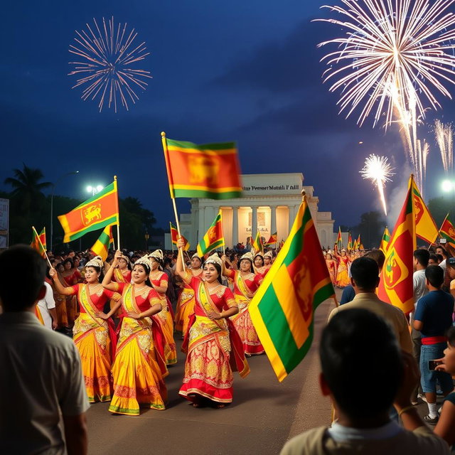 A vibrant celebration of Sri Lanka's Independence Day, showcasing a colorful parade with traditional dancers in elaborate costumes, holding Sri Lankan flags