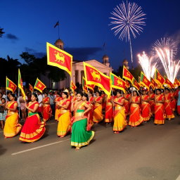 A vibrant celebration of Sri Lanka's Independence Day, showcasing a colorful parade with traditional dancers in elaborate costumes, holding Sri Lankan flags