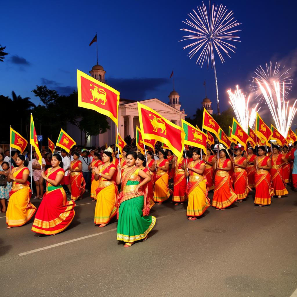 A vibrant celebration of Sri Lanka's Independence Day, showcasing a colorful parade with traditional dancers in elaborate costumes, holding Sri Lankan flags