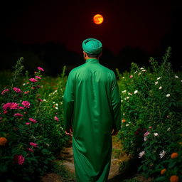 A man dressed in green Islamic attire, wearing a black abaya and a green turban, walking among plants and flowers at night