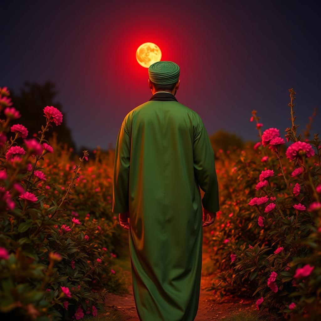 A man dressed in green Islamic attire, wearing a black abaya and a green turban, walking among plants and flowers at night